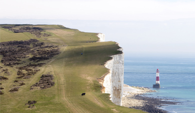 Red and white striped lighthouse and blue seas at the bottom of a grass topped white chalk cliff